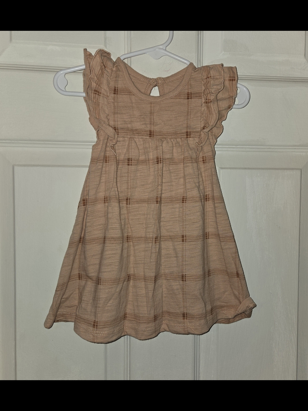 Girls Peach Plaid Flutter-Sleeve Dress SZ 12M